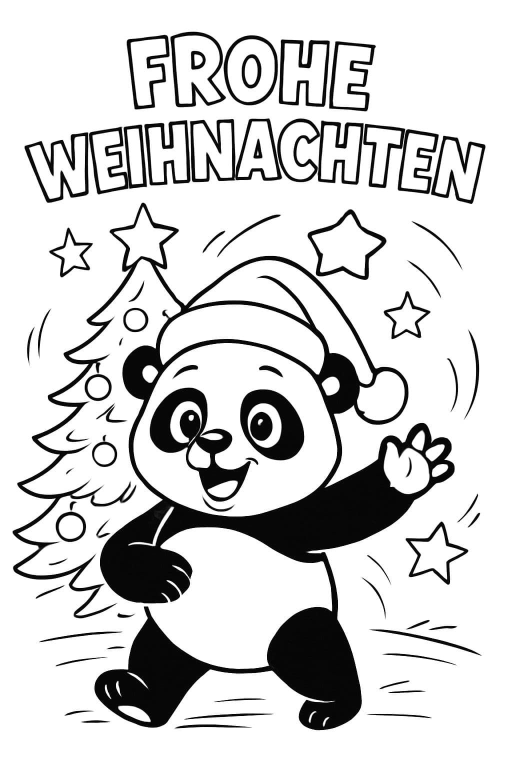 panda gordo con gorro de Navidad frente a un árbol de Navidad con el texto Feliz Navidad