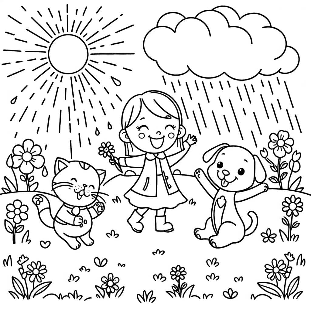 Dia chuvoso e ensolarado com grama e flores com um gato, um cachorro e uma criança