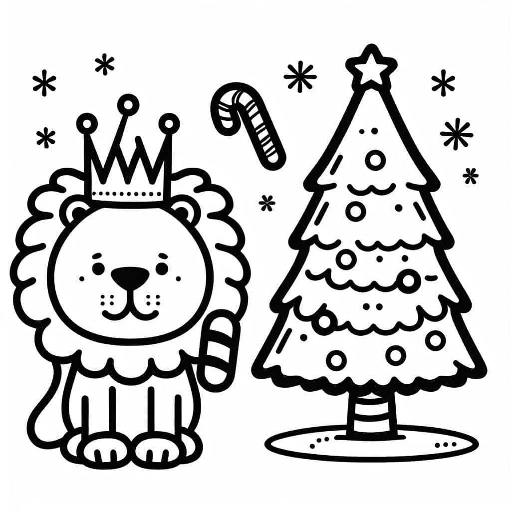 Einen löwen mit krone und zuckerstange neben einem Christbaum