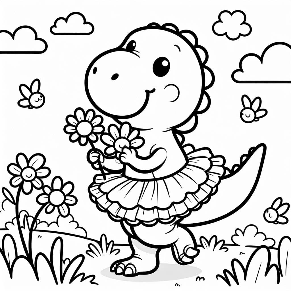 A happy t-rex holding daisy flowers wearing a tutu
