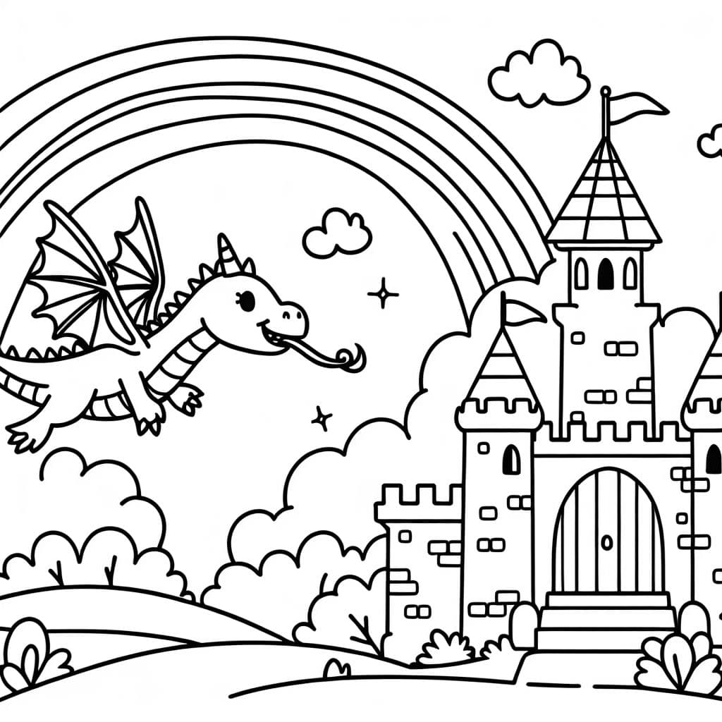 a dragon flying over a castle with a rainbow in the sky