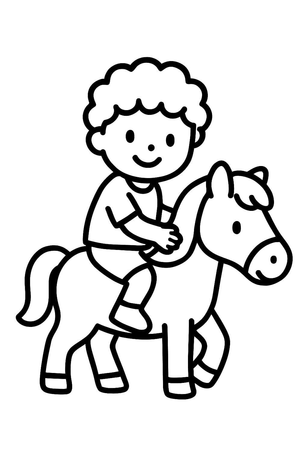 Ein kleiner Junge mit locken der auf einem Pony reitet