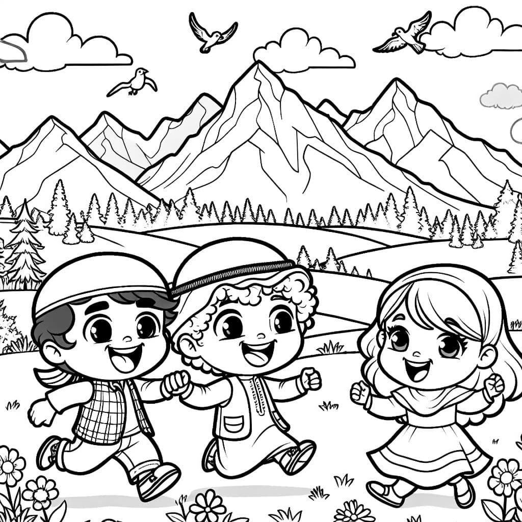 Kinder, die draußen spielen mit Blick auf die Kaskadenberge
