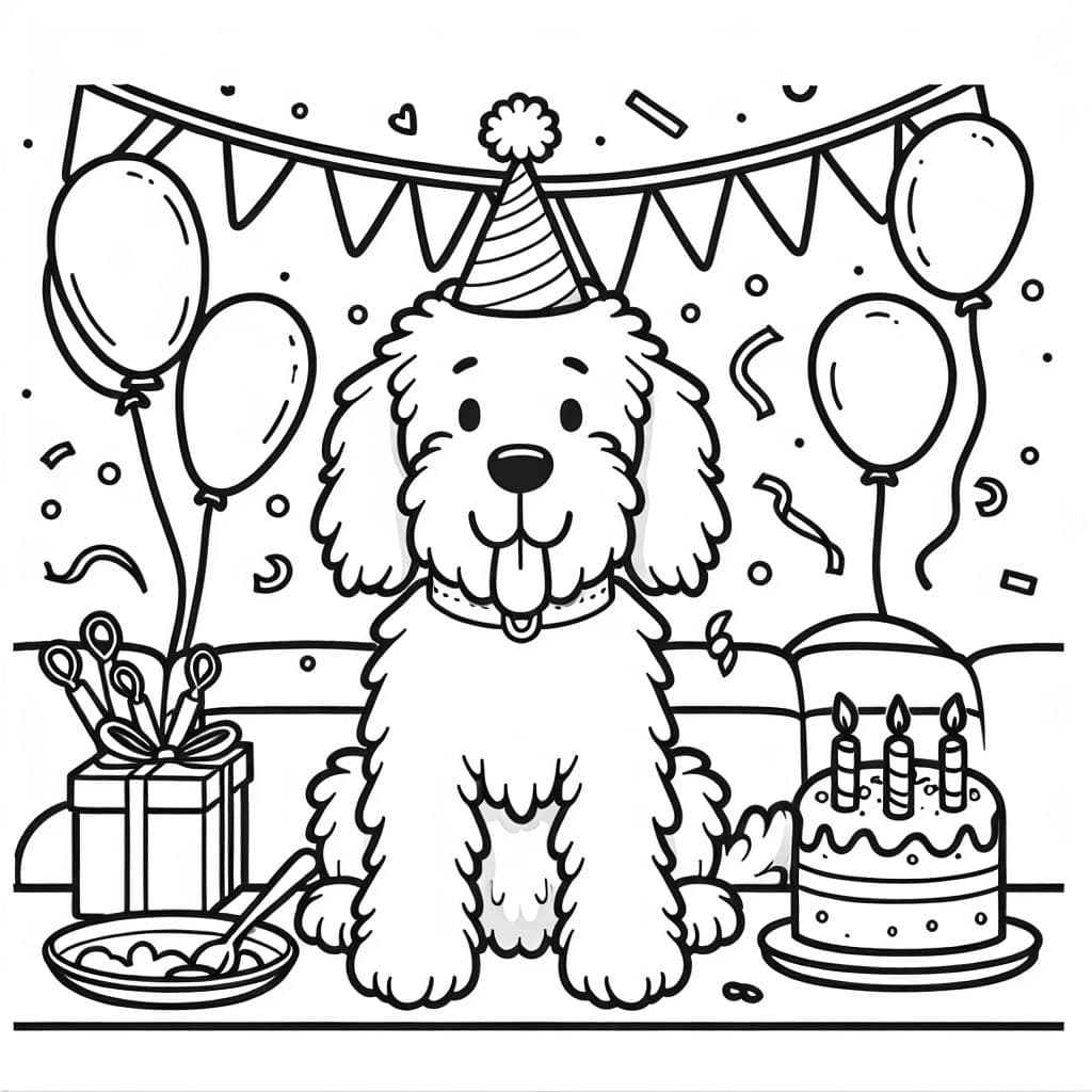 Perro Goldendoodle en una fiesta de cumpleaños.