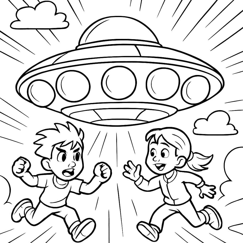 um UFO redondo com cinco grandes esferas luminosas dentro, posicionadas entre a parte superior e inferior do UFO