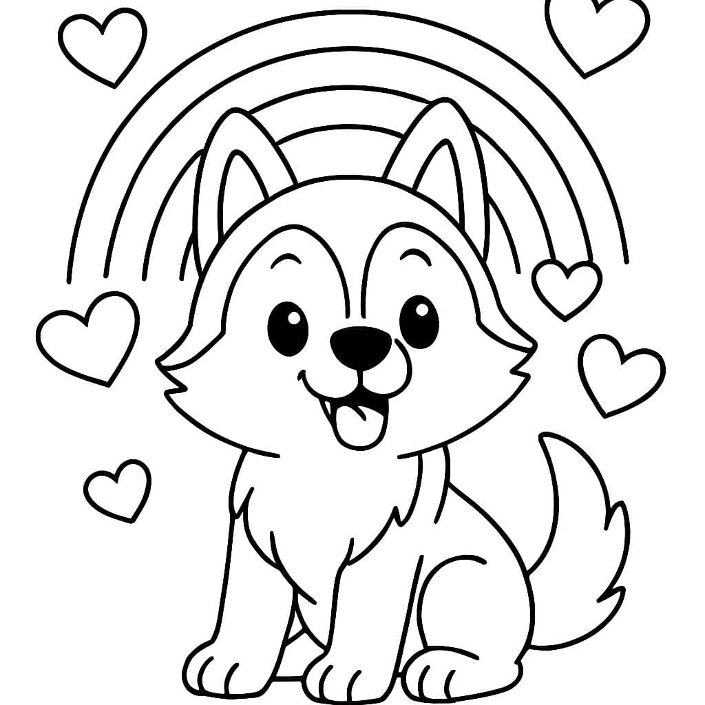 Ein Cartoon-Husky-Hund umgeben von Regenbögen und Herzen