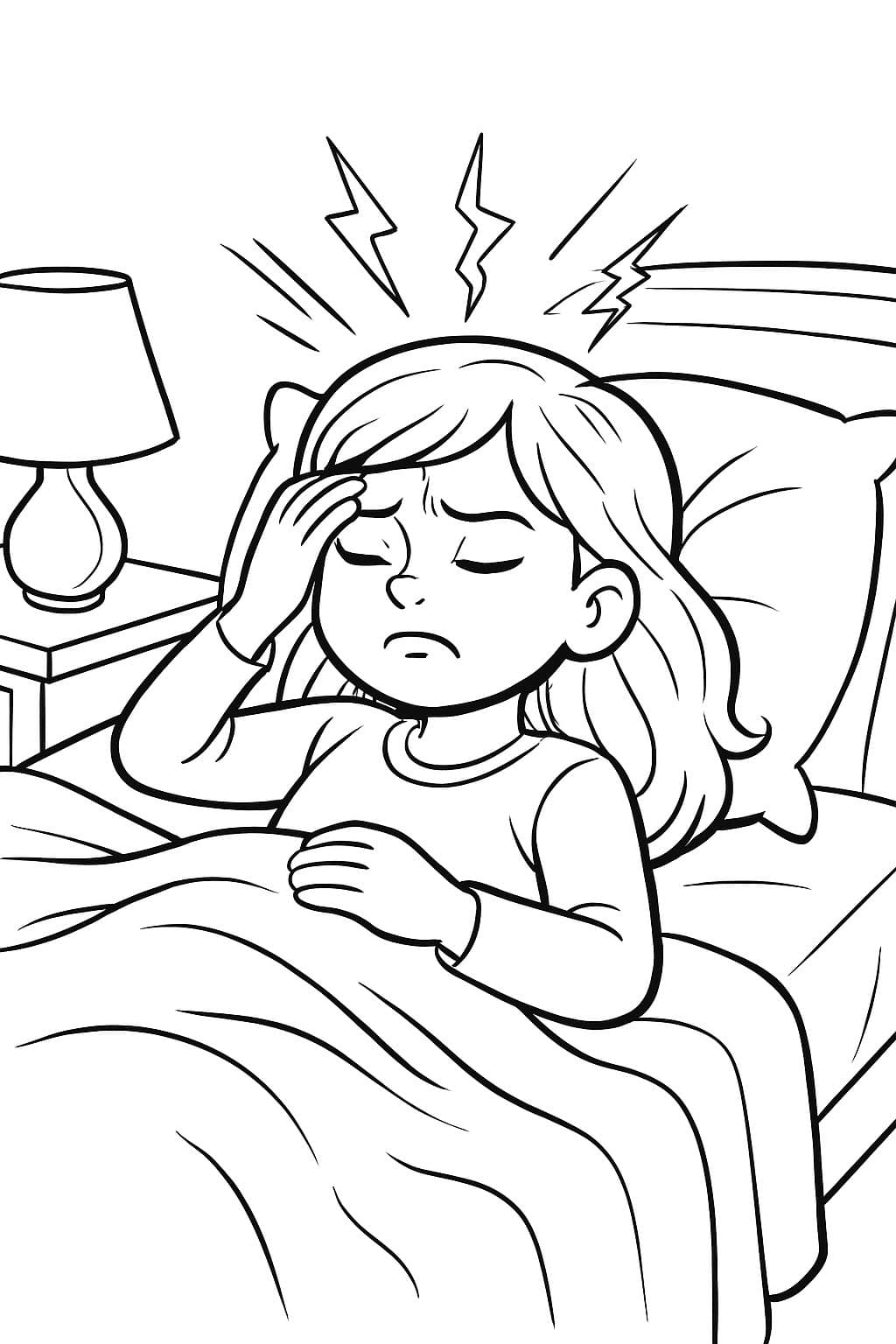A girl going to sleep due to a headache with a worried face in a horizontal format.