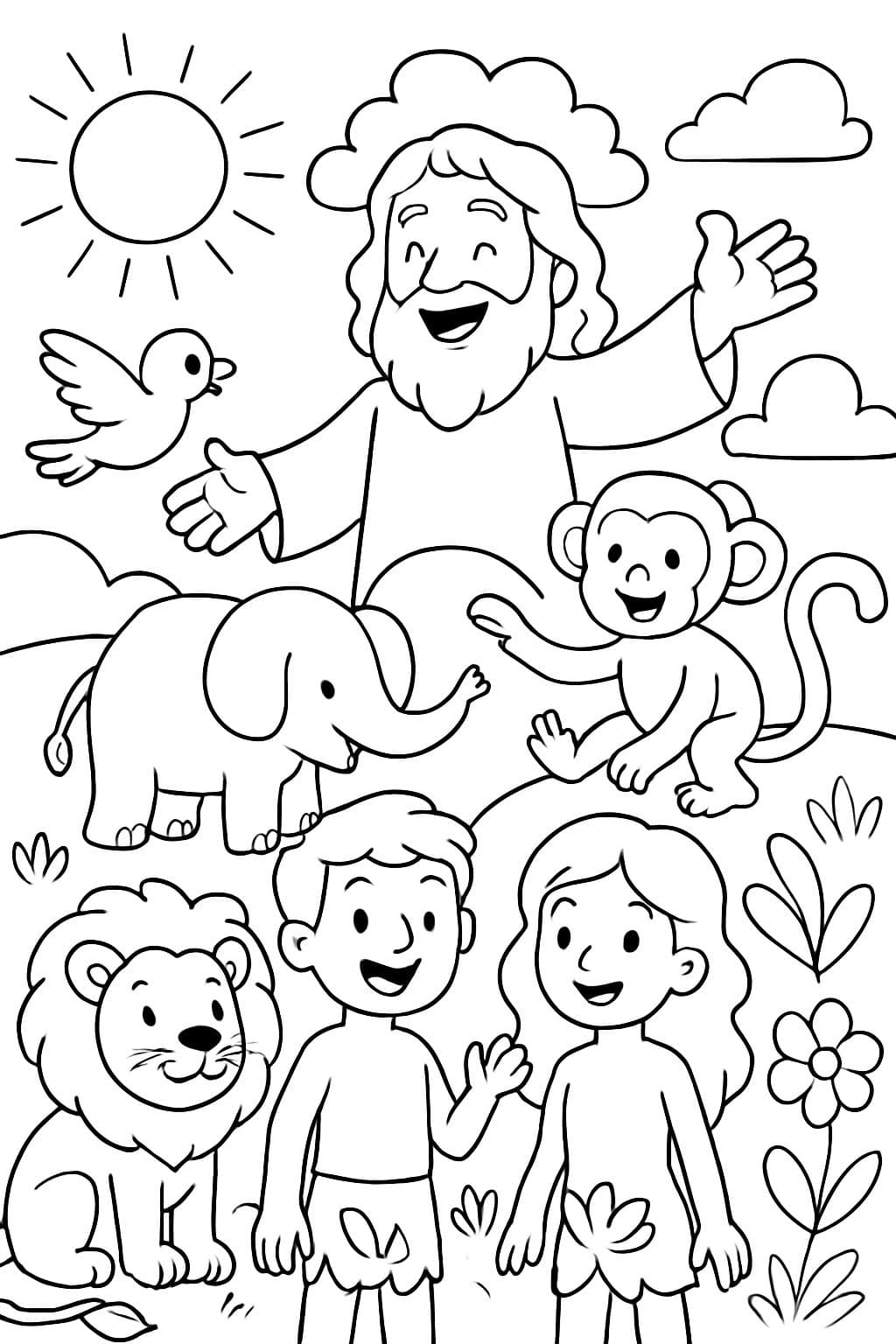 Drawing of the divine creation with animals and the creation of Adam and Eve