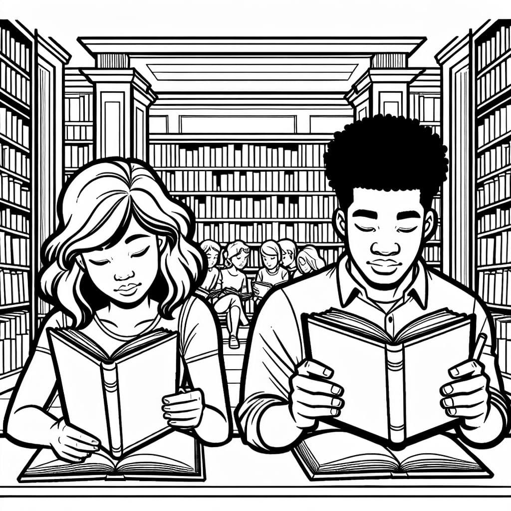 A woman with shoulder length hair reading a book, sitting next to a man who is read book as well in front of huge library bookshelves full of books