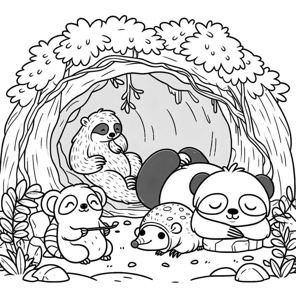 Un perezoso y un oso panda y un dormilón y un tatou durmiendo en una cueva