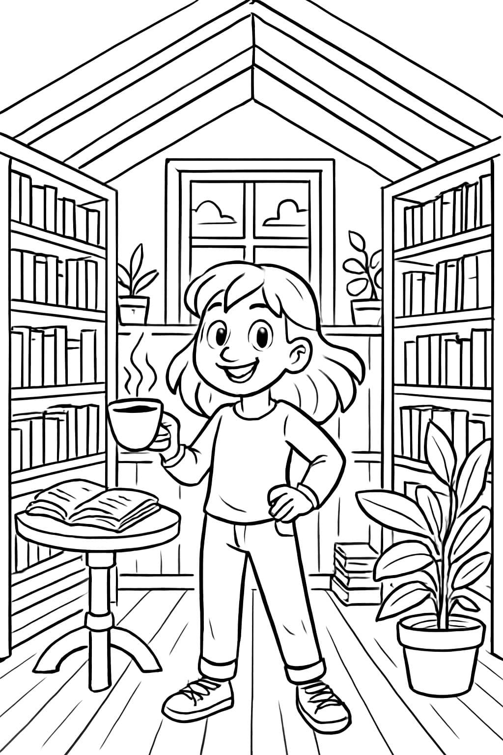 Uma biblioteca com livros, uma xícara de café, plantas e uma janela no meio. A forma da biblioteca é em V devido ao telhado da casa. O ambiente é vintage.