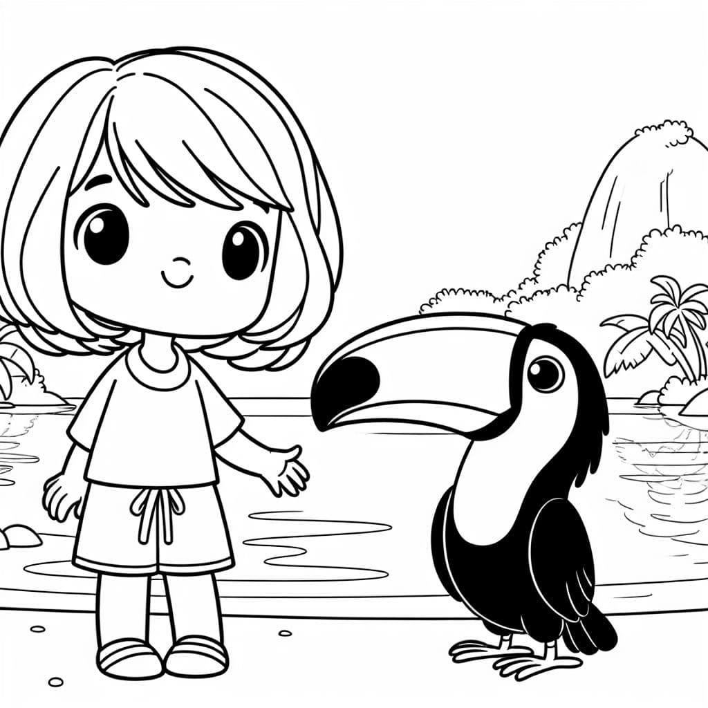 kleines mädchen mir schulterlangen haaren mit tukan am see