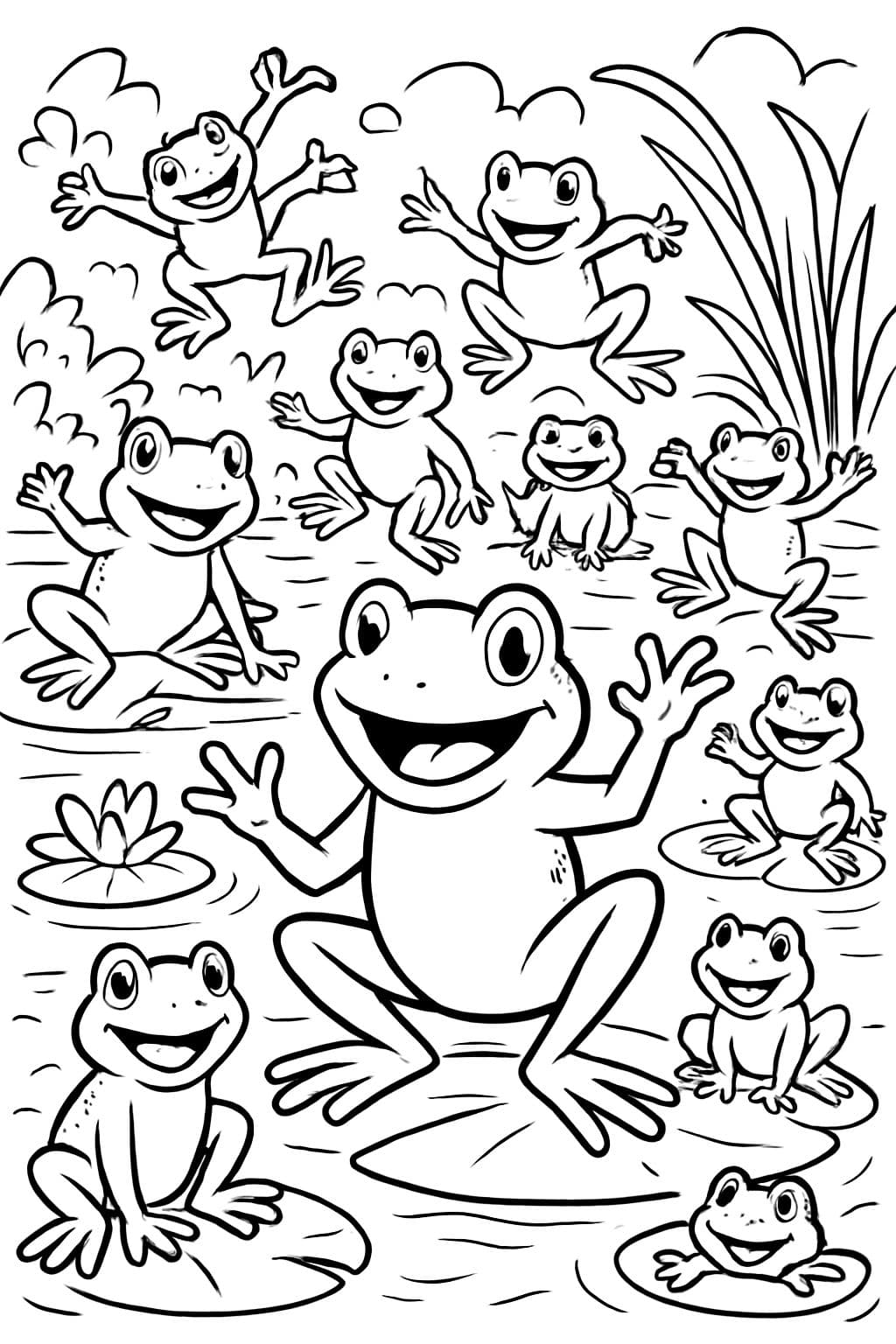 un groupe de grenouilles. 9 grenouilles sont petites et 3 sont grandes. Toutes sourient.