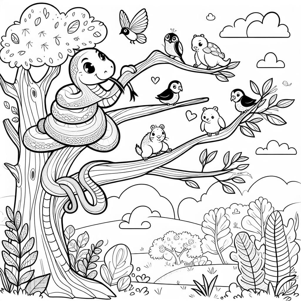 un serpent mignon grimpant sur un arbre pour jouer avec ses amis