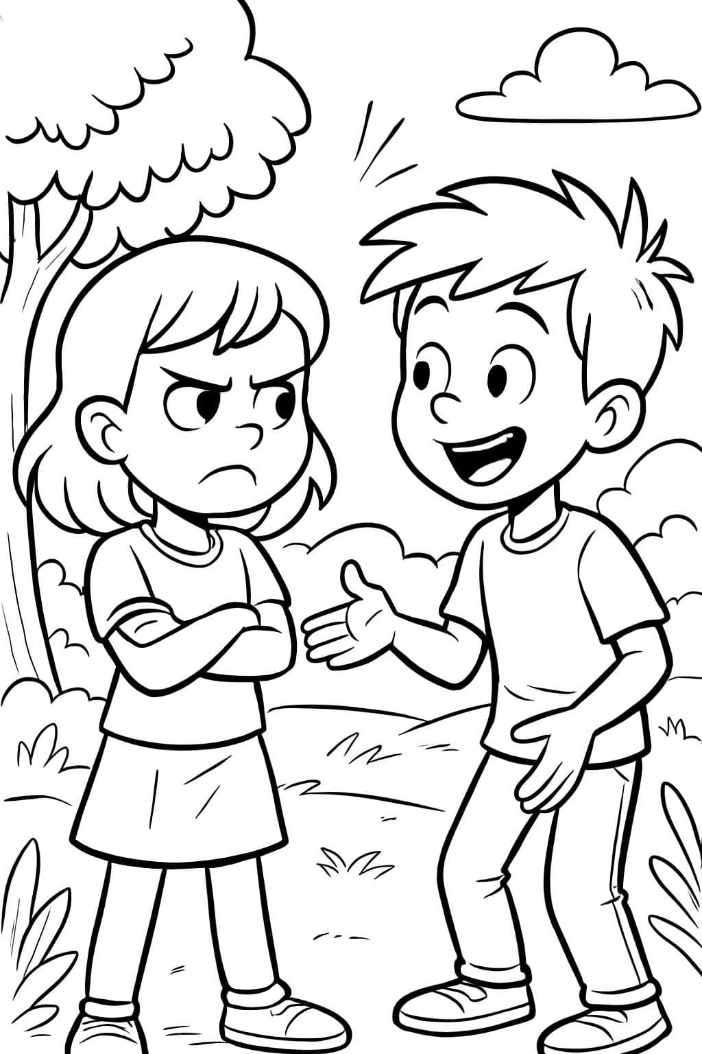 2 niños hablando, uno de ellos frunciendo el ceño.