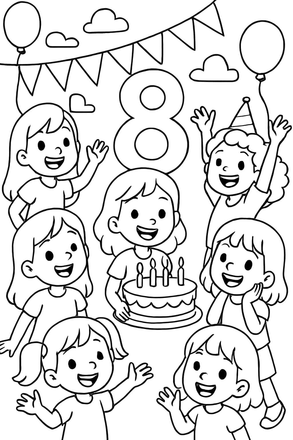 eine 8 zum Kindergeburtstag mit 5 Mdchen und einer Torte