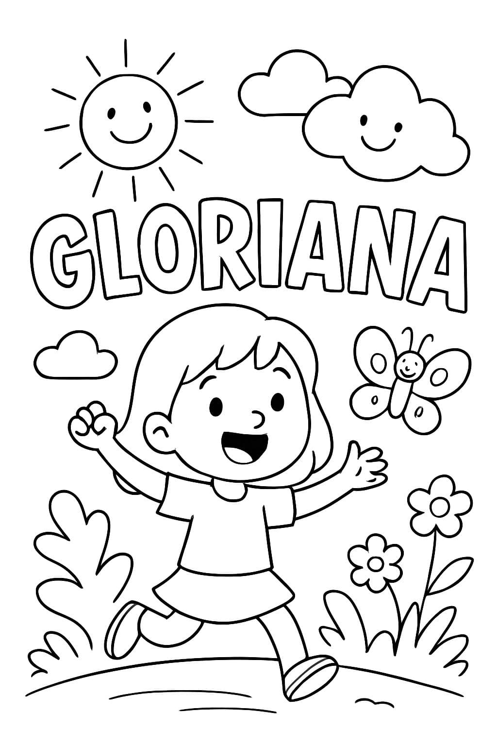 Erstelle eine doodle-freundliche personalisierte Namensseite. Der Name ist "Gloriana".