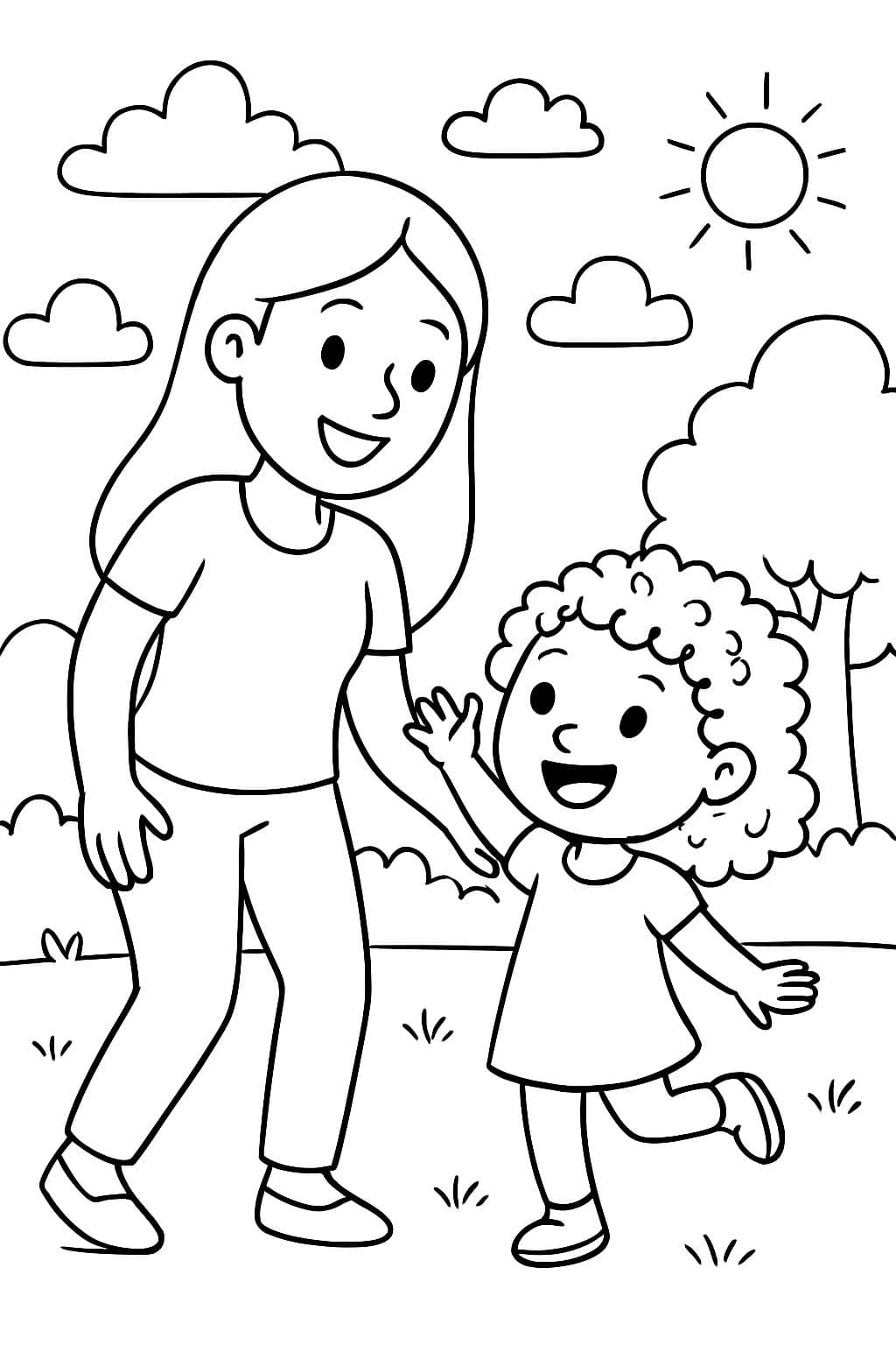 Mama mit ihren glatten Haaren und ein 3-jähriges Mädchen mit ihren lockigen Haaren.