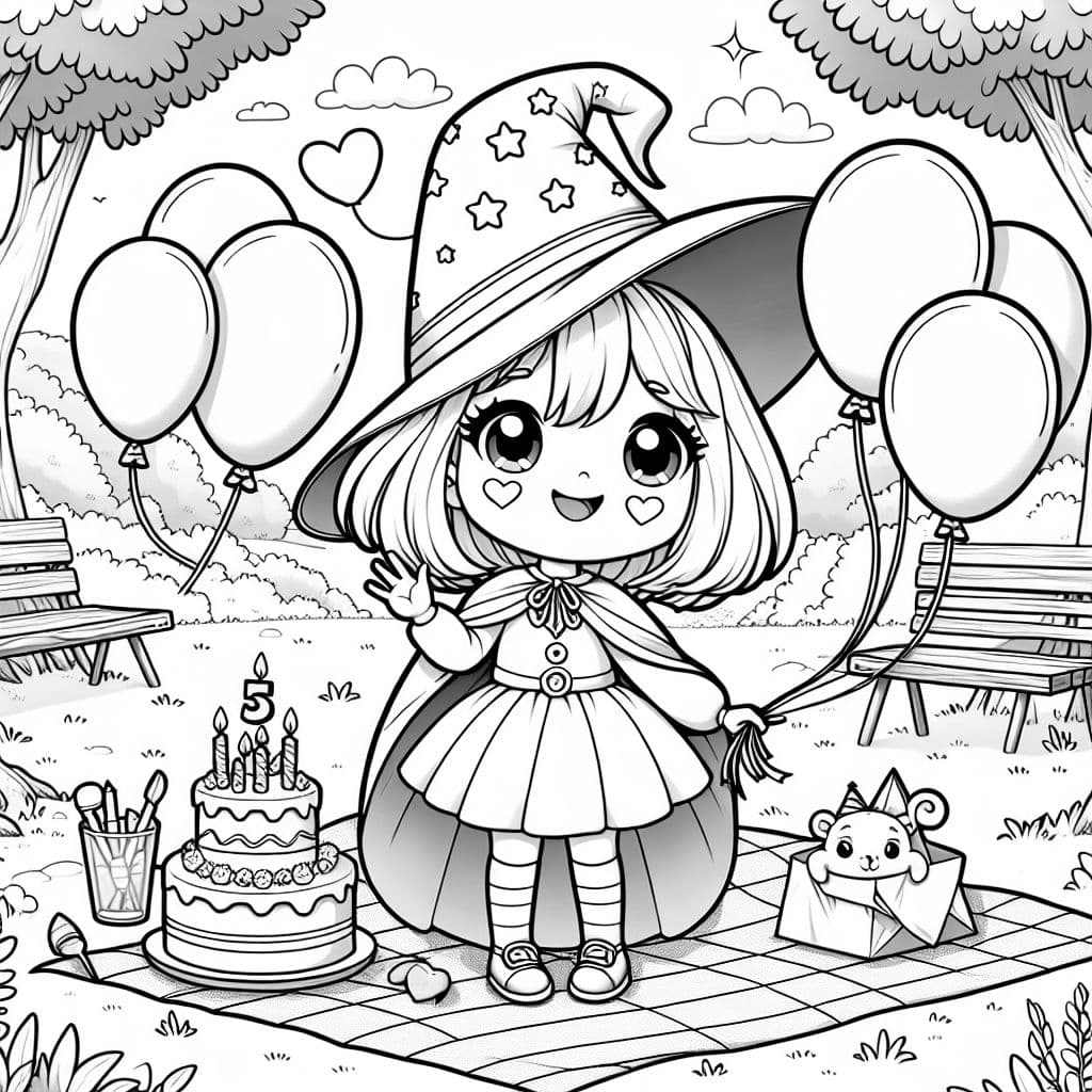 Una dulce niña bruja con cabello hasta los hombros celebrando su 5to cumpleaños en el parque.