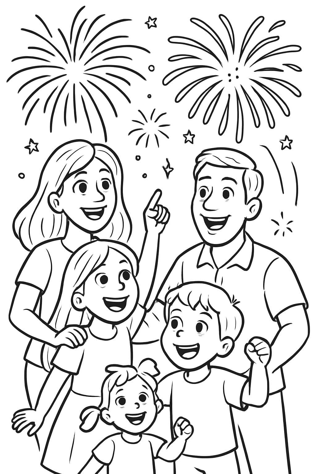 Family of 52 sisters that are about 10 and eight and then a little five year old boy with a mom and a dad and a firework show.