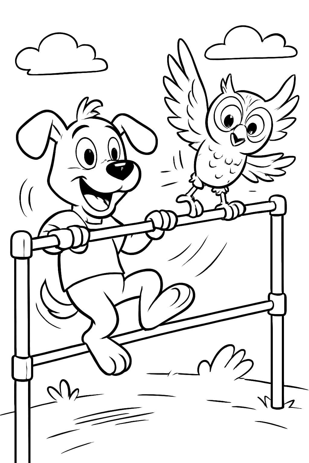 Ein Hund und eine Eule machen Gymnastik an den Stangen