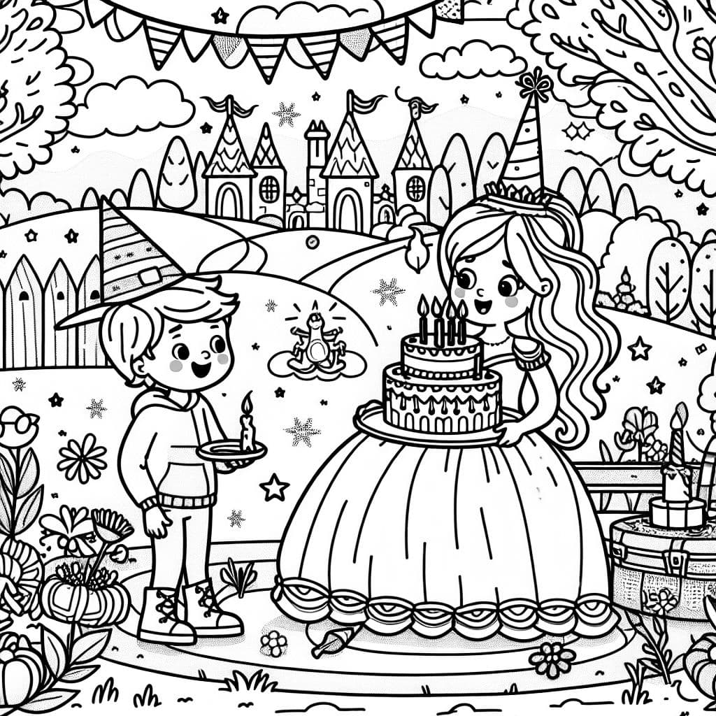 eine prinzessin und eine hexe feiern geburtstag ein junge besucht sie