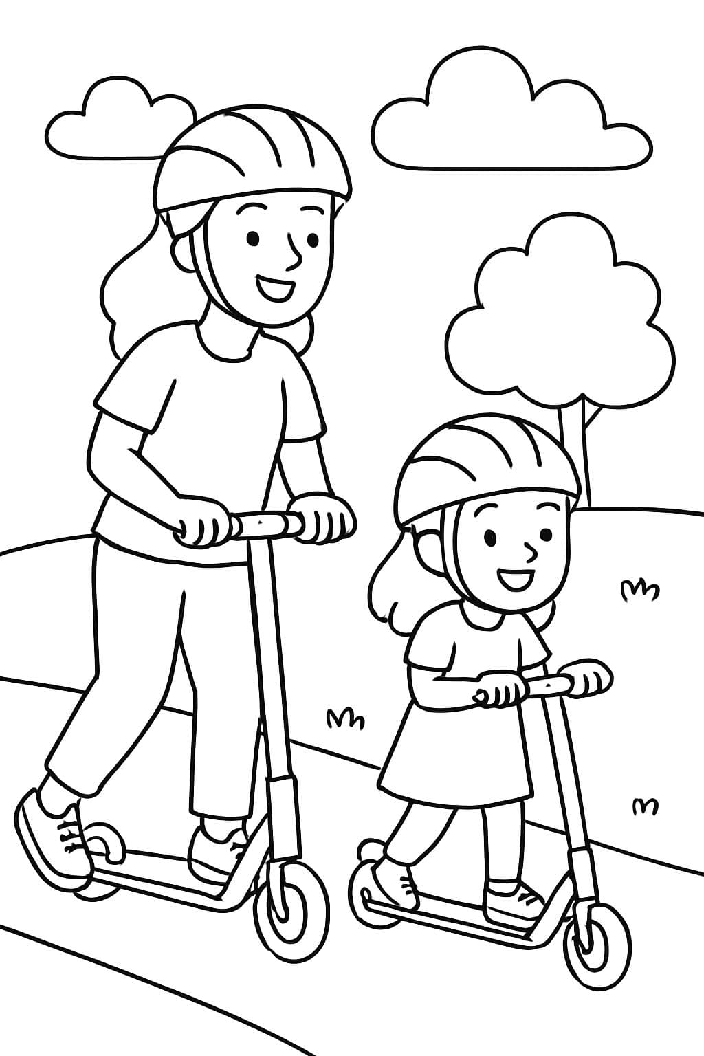 Mamá e hija montando en patinetes mientras usan cascos.