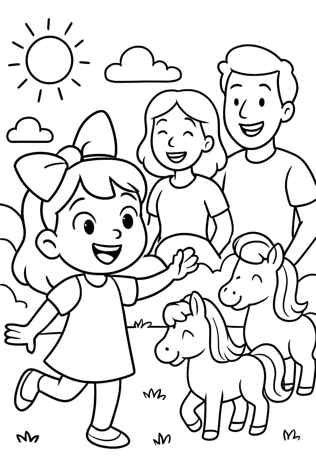 Fille avec un nœud papillon sur la tête, ses parents et des poneys, tous heureux