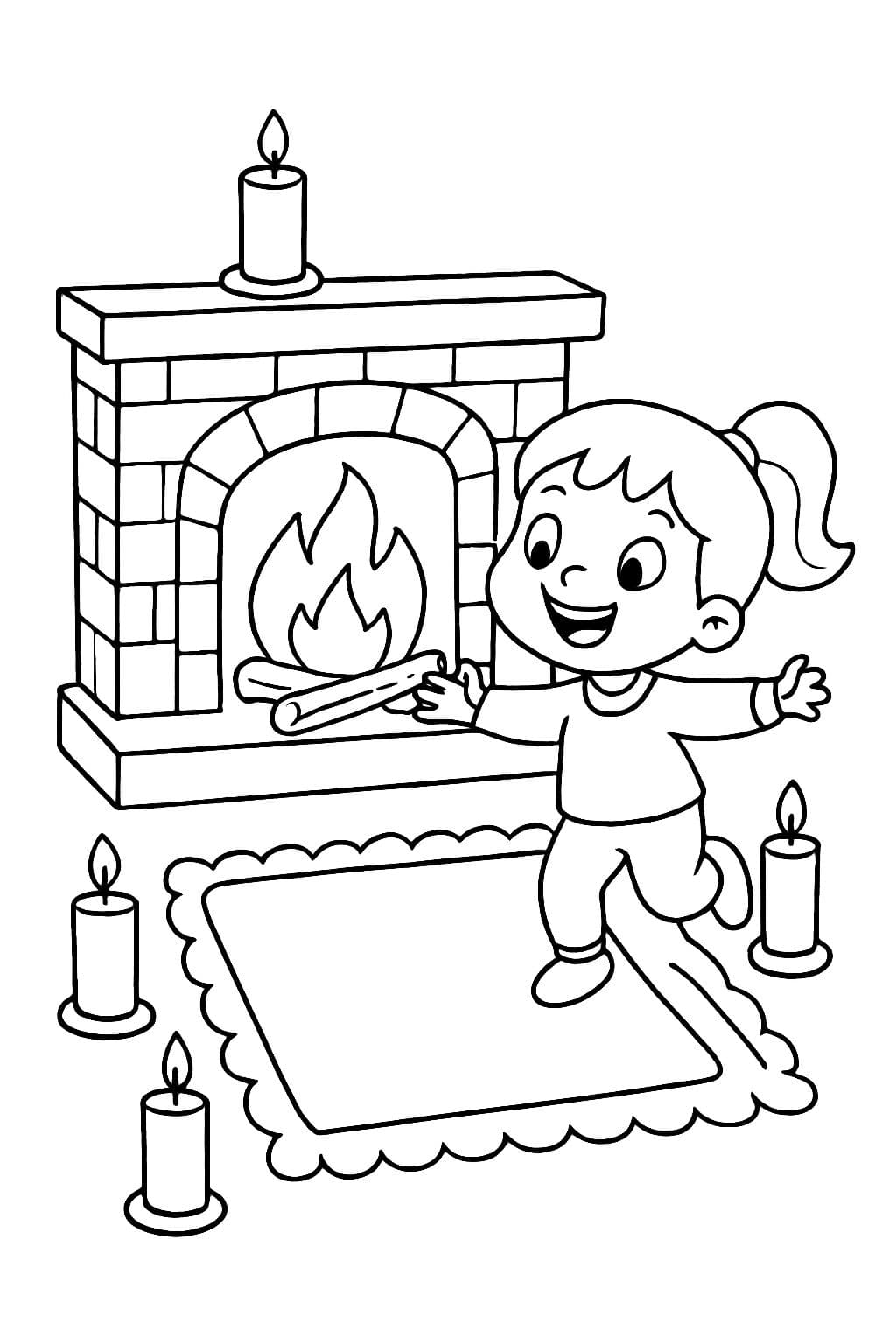 a fireplace. In front of the fireplace, there is a carpet and there are 4 candles.