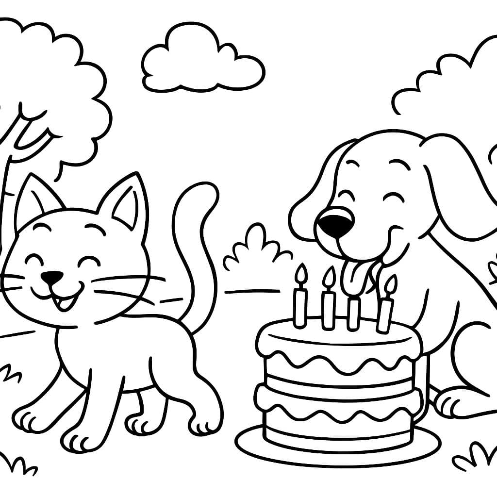Un chat s'éloigne de son gâteau d'anniversaire dans une autre direction, et un chien arrive et commence à manger son gâteau.