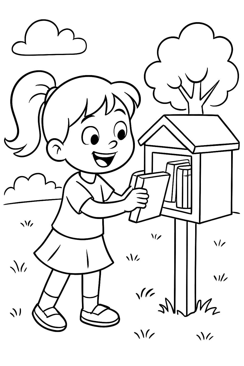 6 year old girl with a ponytail at a little free library picking out a book.