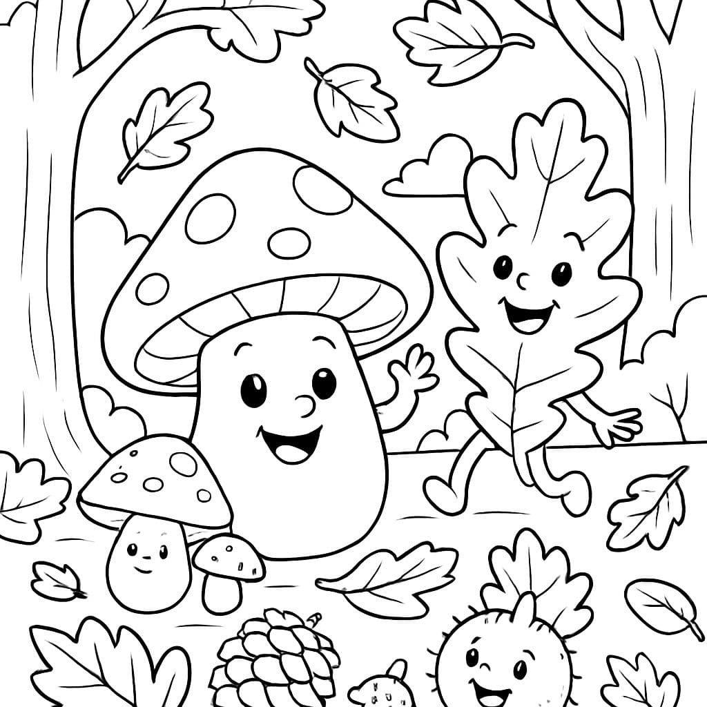 Forêt d'automne, avec des champignons, des feuilles, des pommes de pin, des châtaignes