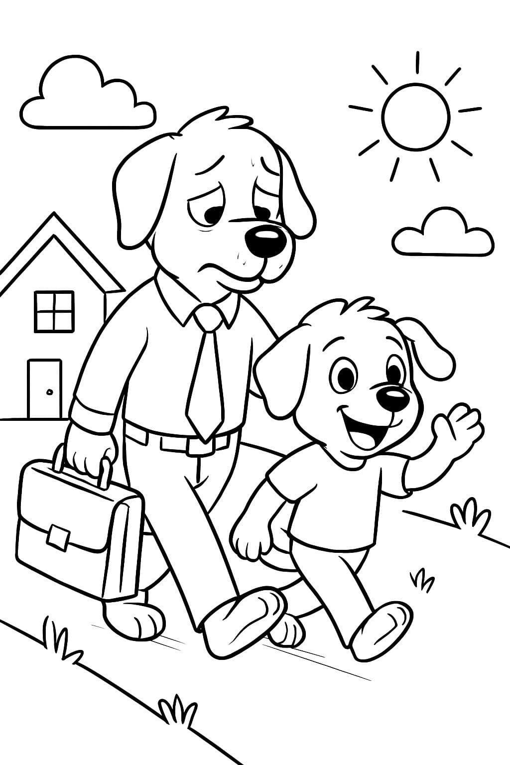 papá cansado perro con hijo cachorro después del trabajo