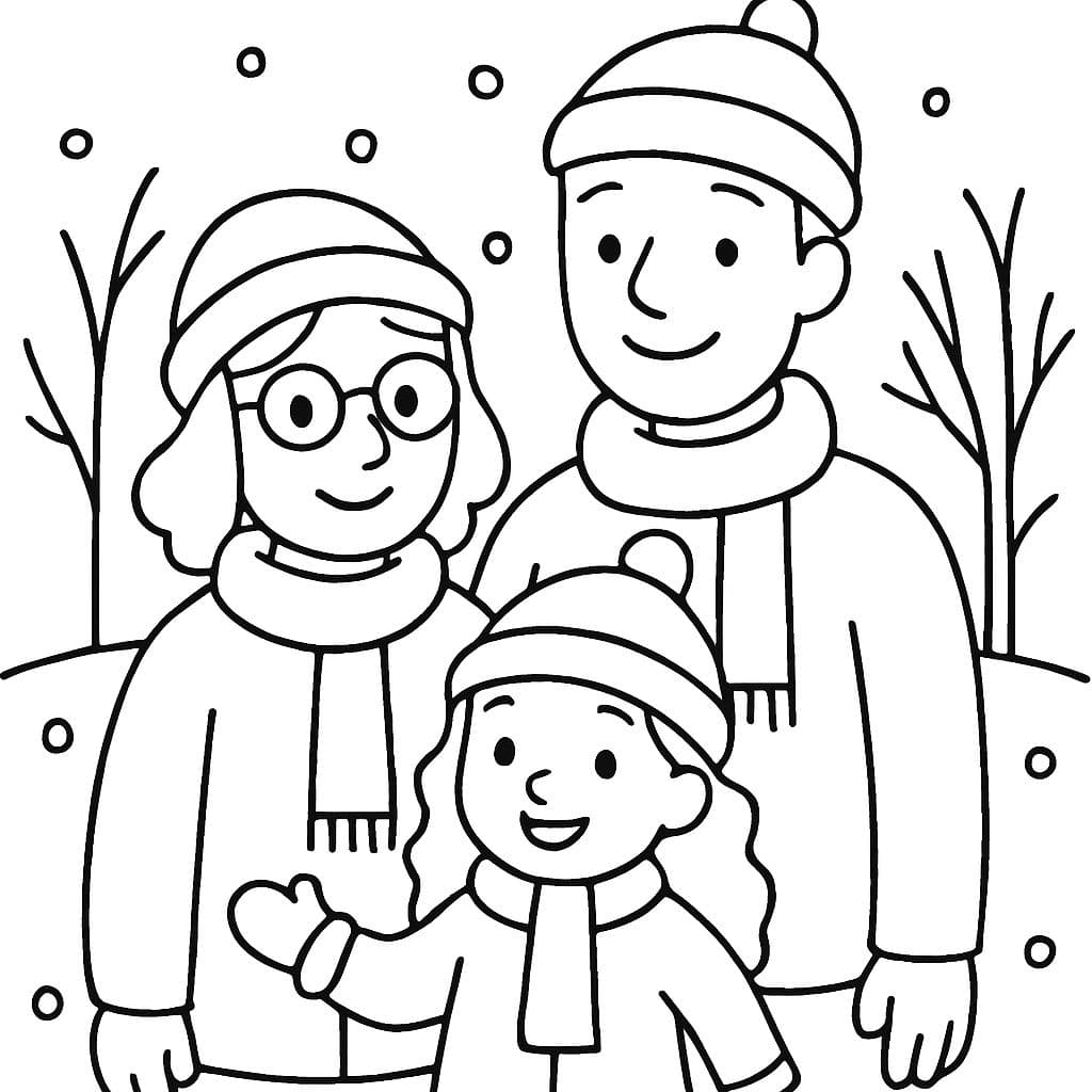 Une famille debout en hiver avec une maman portant des lunettes, un papa grand et une petite fille de 3 ans avec de longs cheveux frisés.