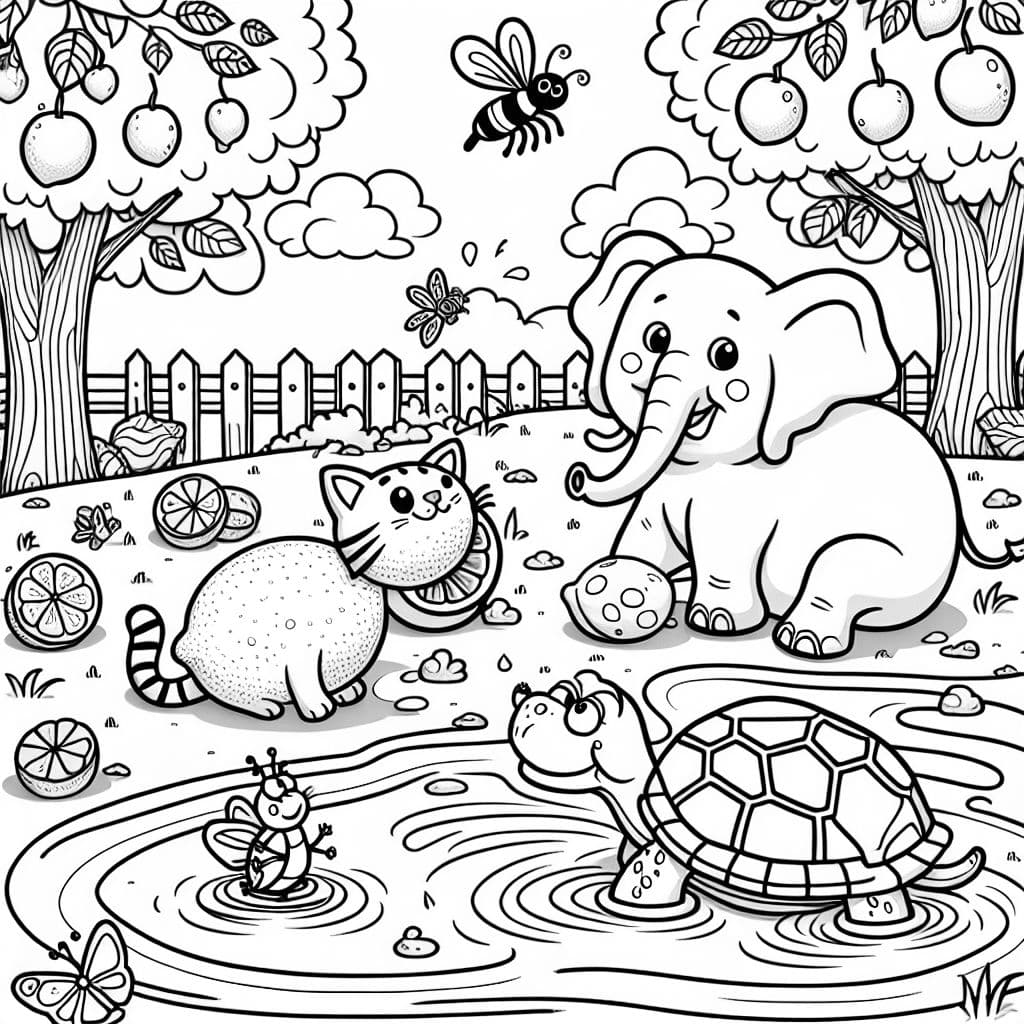 Uma página de colorir com um limão, um gato, uma tartaruga, uma mosca, um elefante e uma poça de lama.