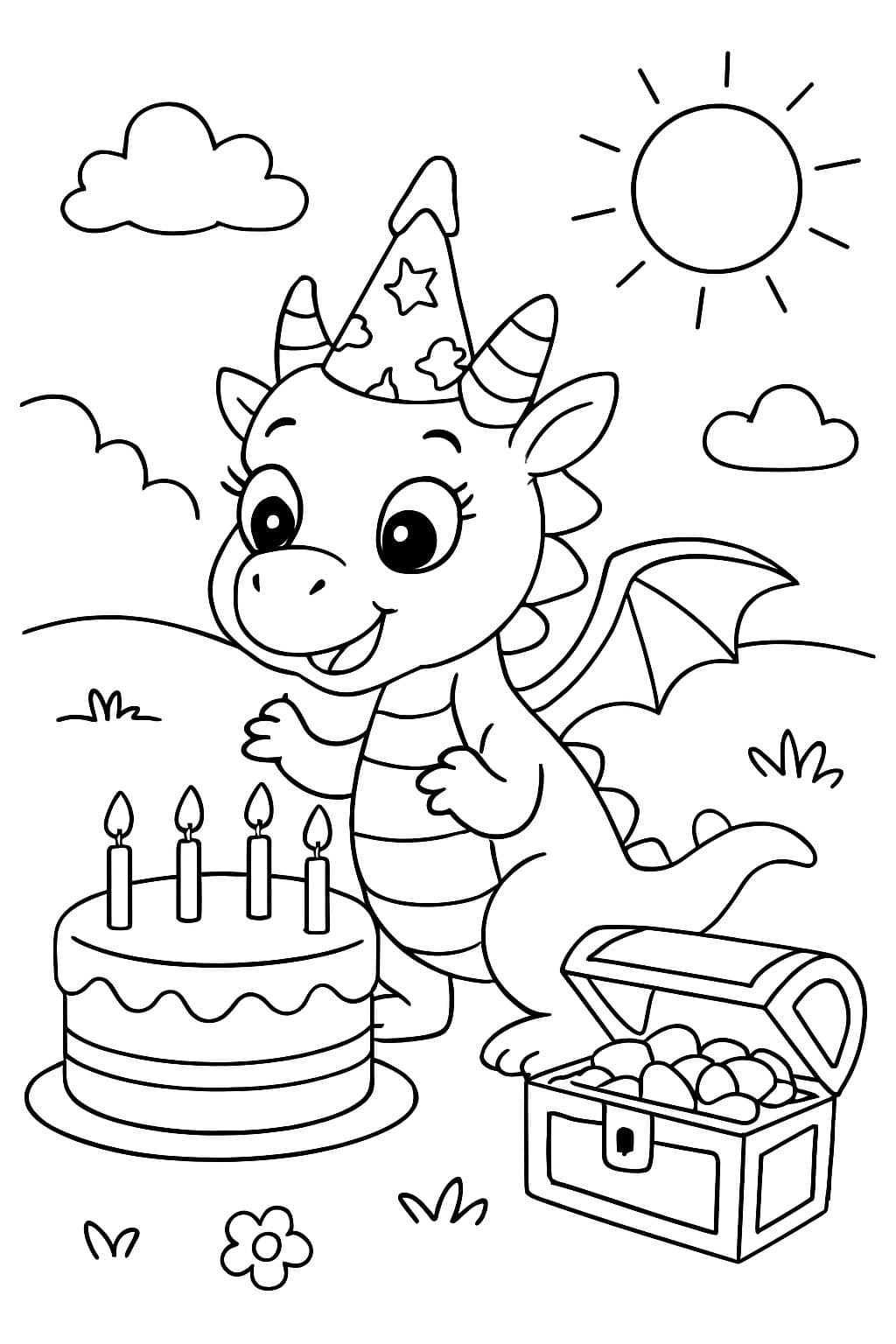 une petite fille dragon a son anniversaire et un gâteau est devant elle avec un coffre au trésor