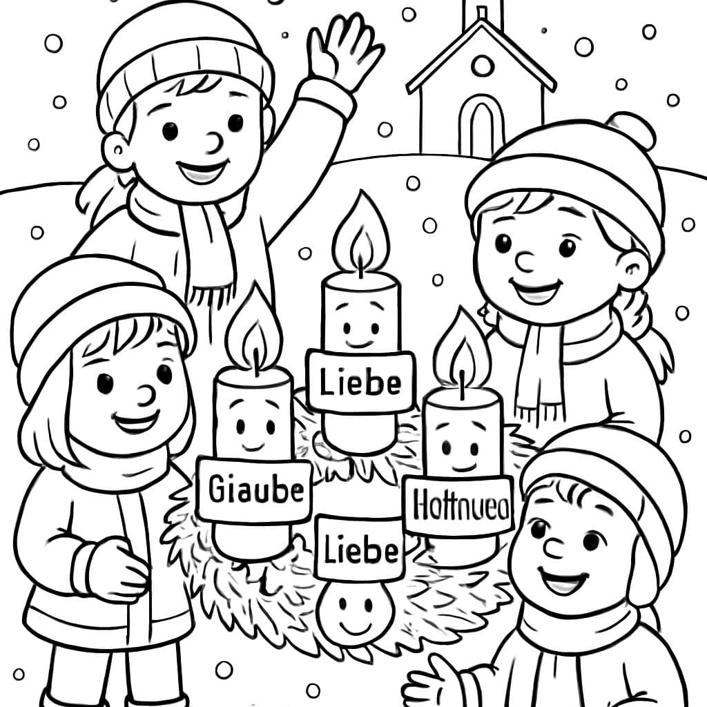 Página para colorir: No centro: Uma coroa de Advento redonda com quatro velas. Cada vela tem um rosto amigável e uma pequena placa com seu nome: Coragem, Fé, Amor, Esperança. Ao redor da coroa estão quatro crianças (duas meninas, dois meninos) vestidas para o inverno. Ao fundo: Uma pequena igreja com uma estrela acima do telhado e flocos de neve caindo do céu.