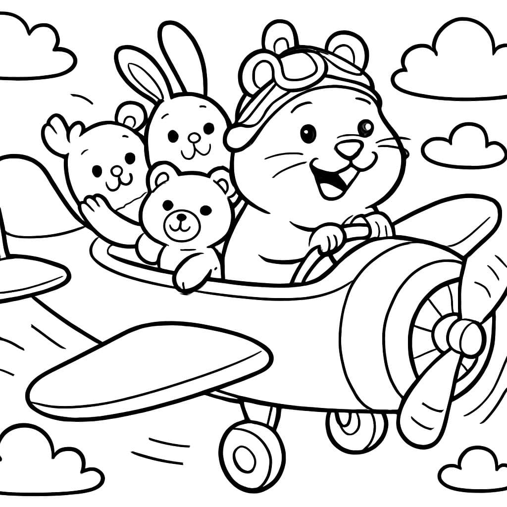 hámster volando un avión lleno de animales de peluche