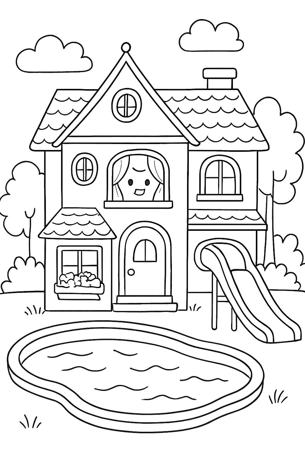 A fancy house with lots of details where you can see the inside of the house and with a slide leading to a pool but with no people in it.