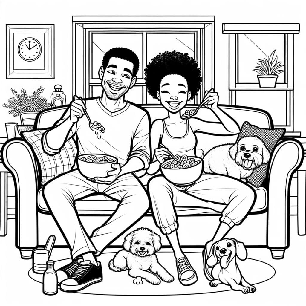Un couple assis sur un canapé mangeant des céréales avec leur bichon frisé et un teckel.