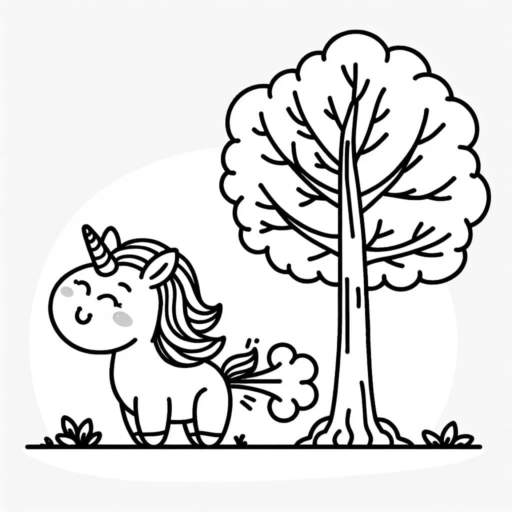 ein Einhorn, dass mit seinem Horn im Baum stecken geblieben ist und dabei pupst.