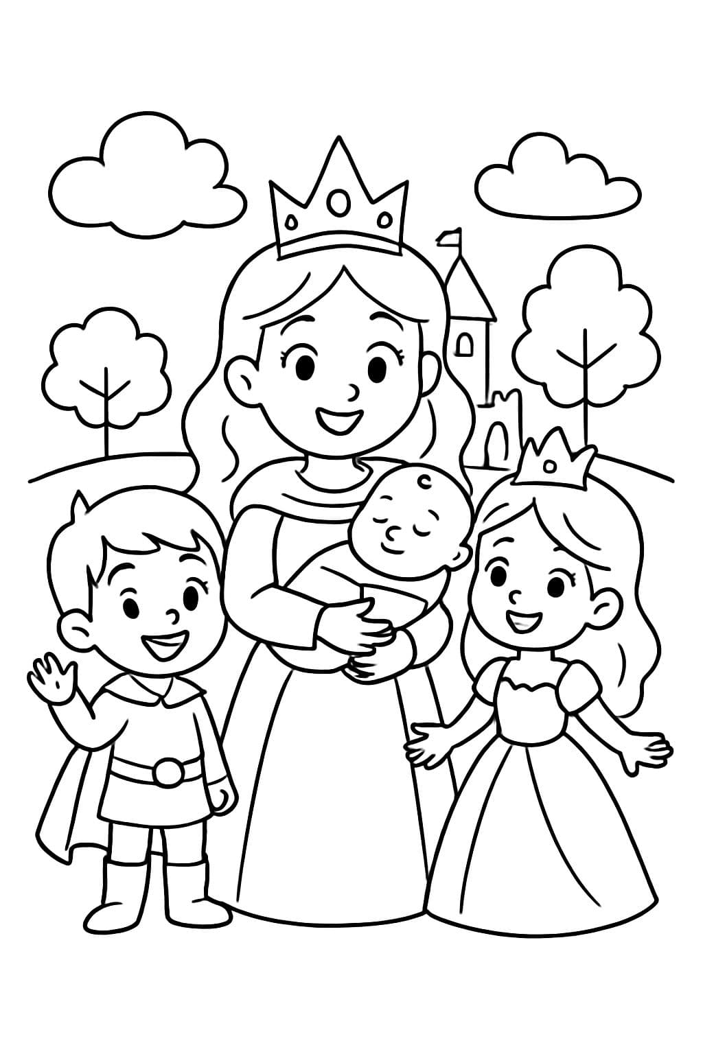 une reine avec un bébé dans les bras, à côté d'elle se trouve un prince et une princesse