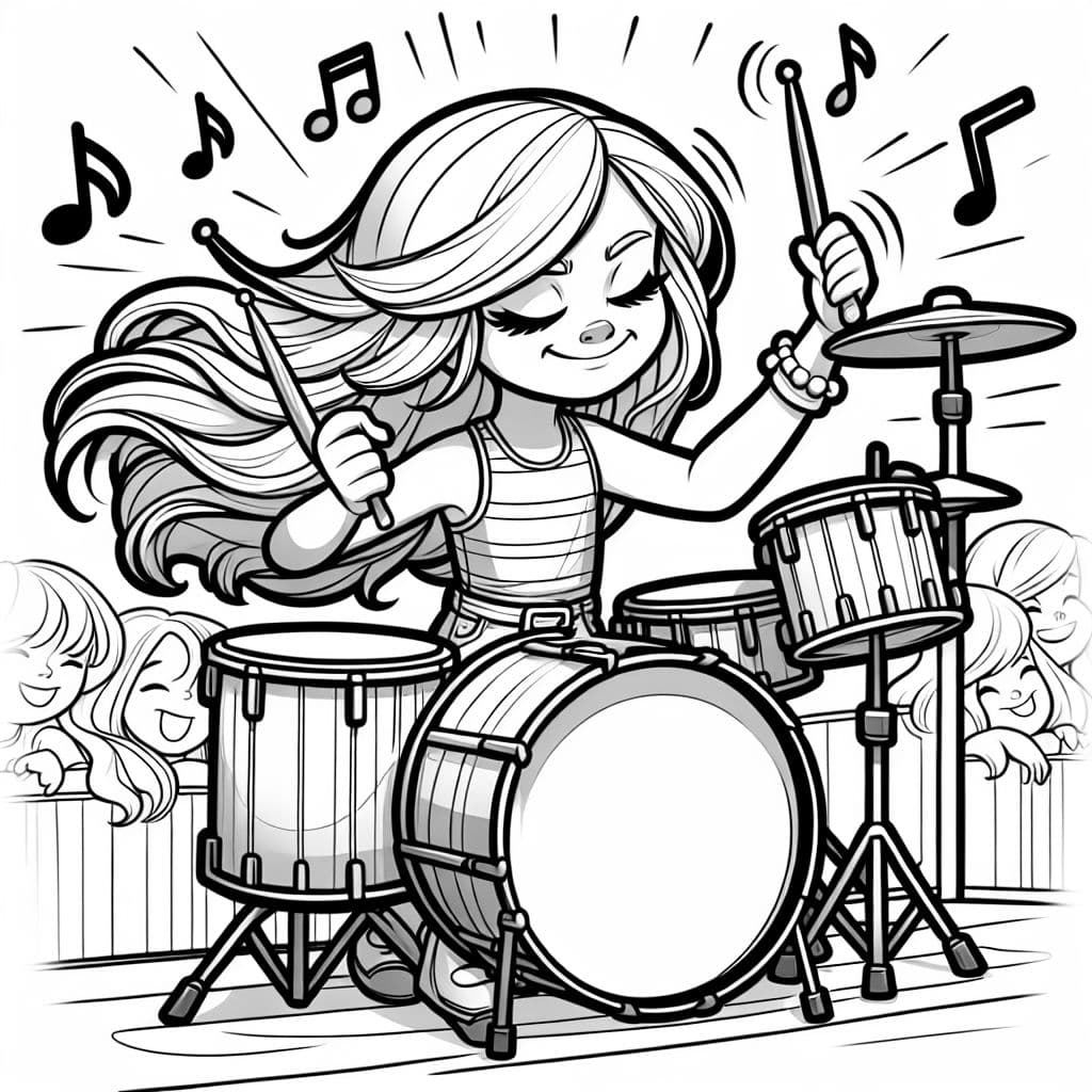 Fille blonde de neuf ans avec de longs cheveux jouant de la batterie