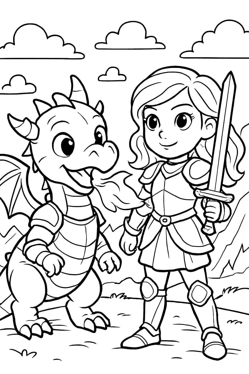a cute dragon that breathes fire and wears knight armor with a girl in knight armor but without the helmet, showcasing her wavy hair and heroic presence, but with a sweet face and big eyes, set against a sky background and mountains on one side.