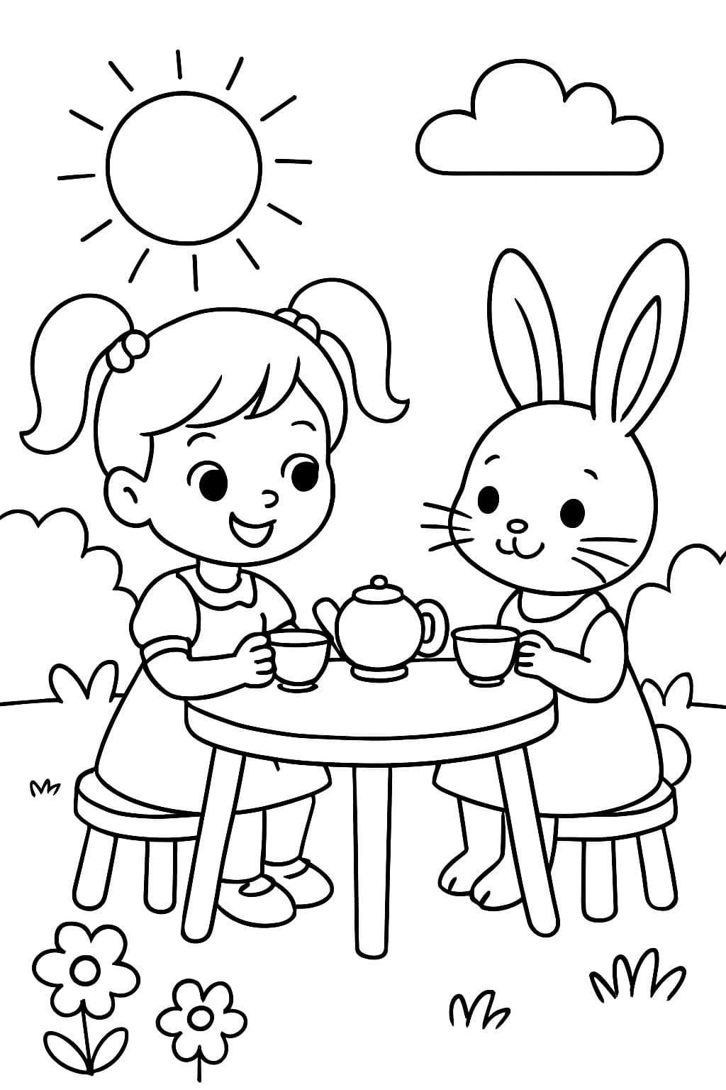 Kleines Mädchen mit Zöpfen, das Tee mit einem Hasen trinkt. Beide tragen Kleider.