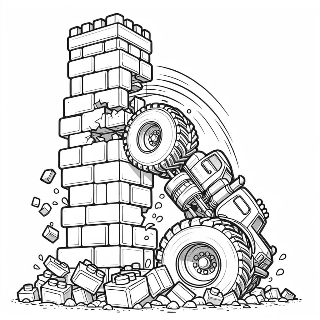 Einen Turm aud bauklötzen der von einem monstertruck angefahren wird