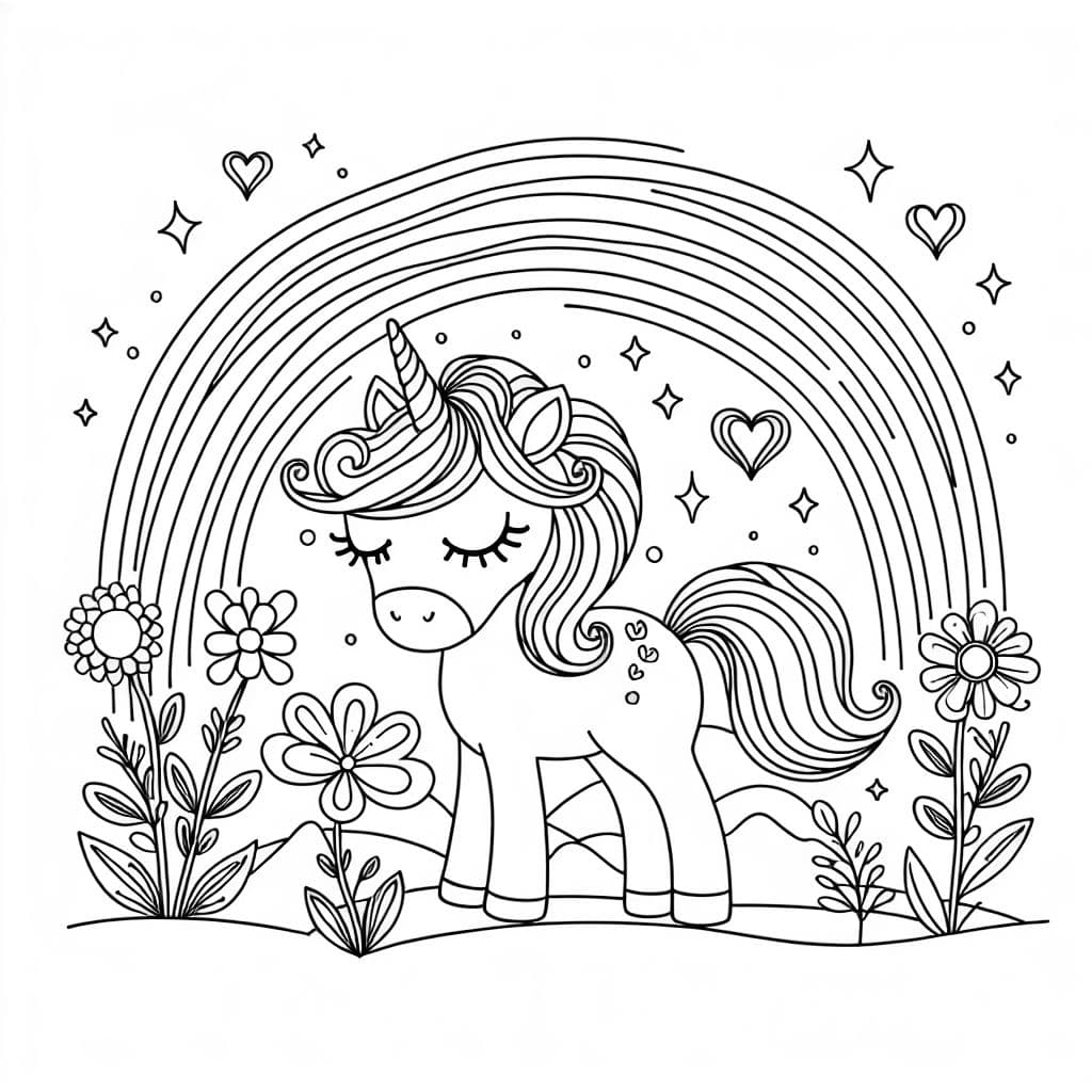 Alicorn with beautiful eyelashes under a rainbow with flowers but no hills