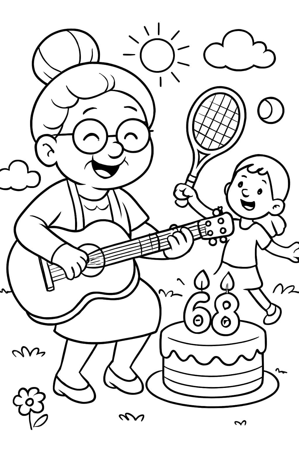 Grand-mère avec un chignon, guitare, tennis, et gâteau 68