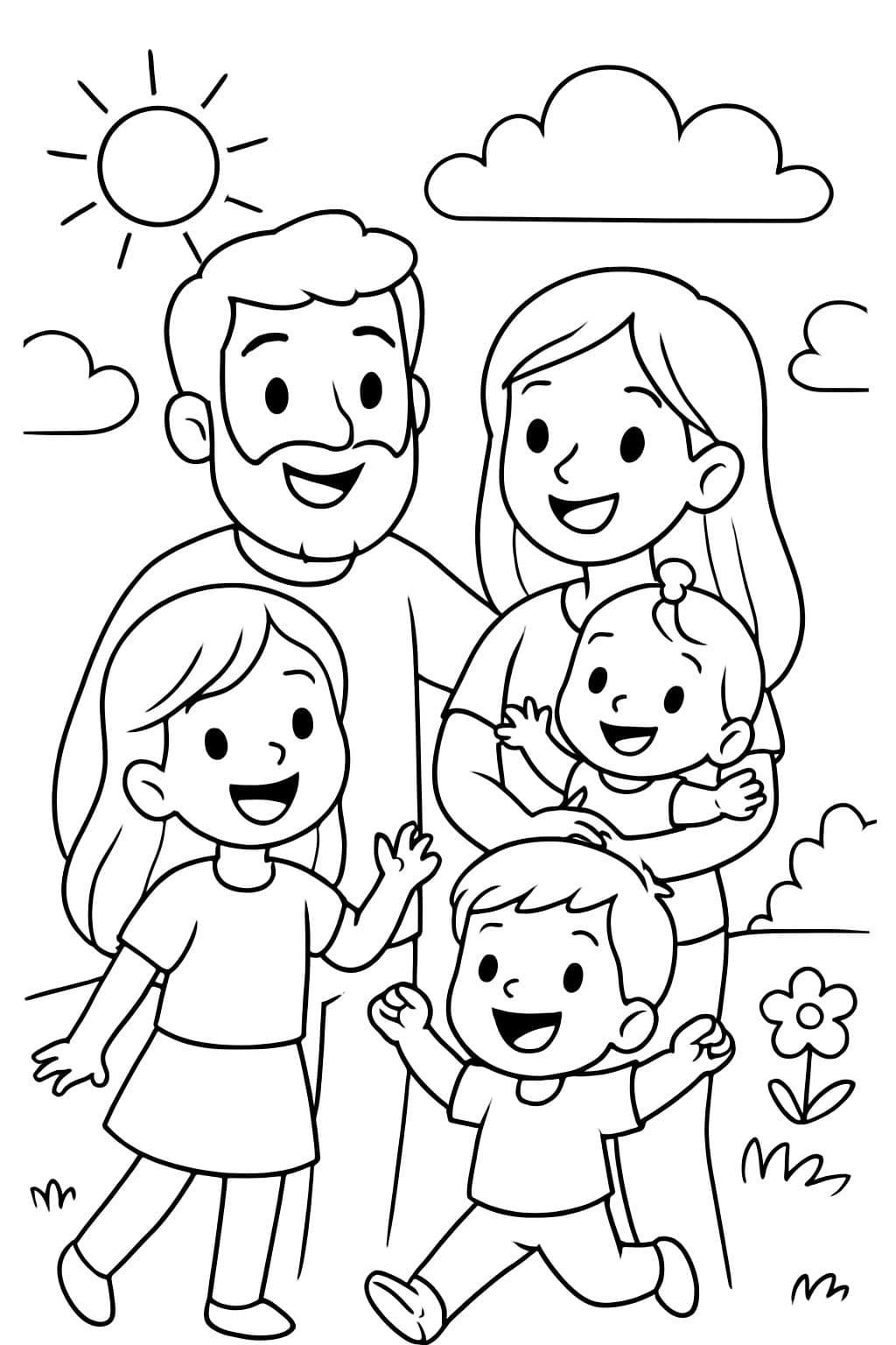 Hermana mayor, hermano y hermanita con mamá y papá con barba