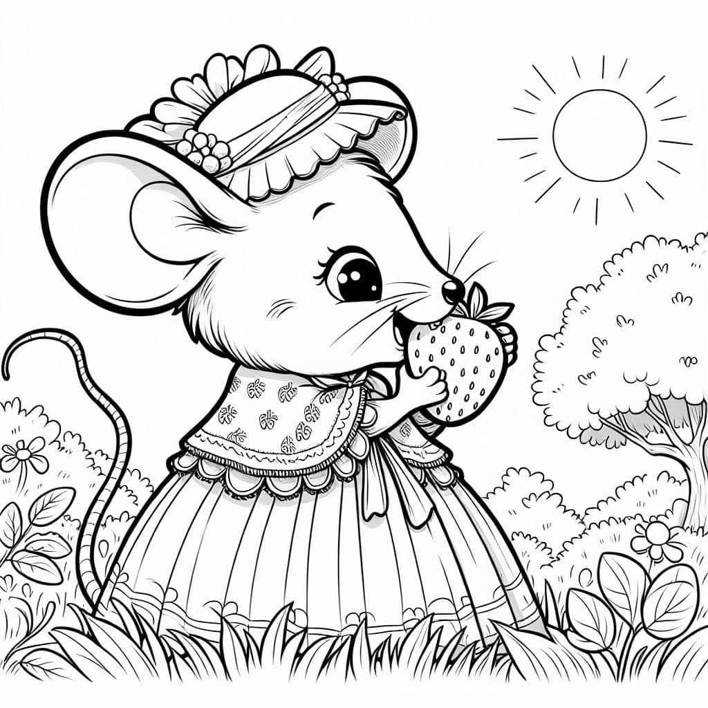 A mouse in a Victorian dress eating a strawberry